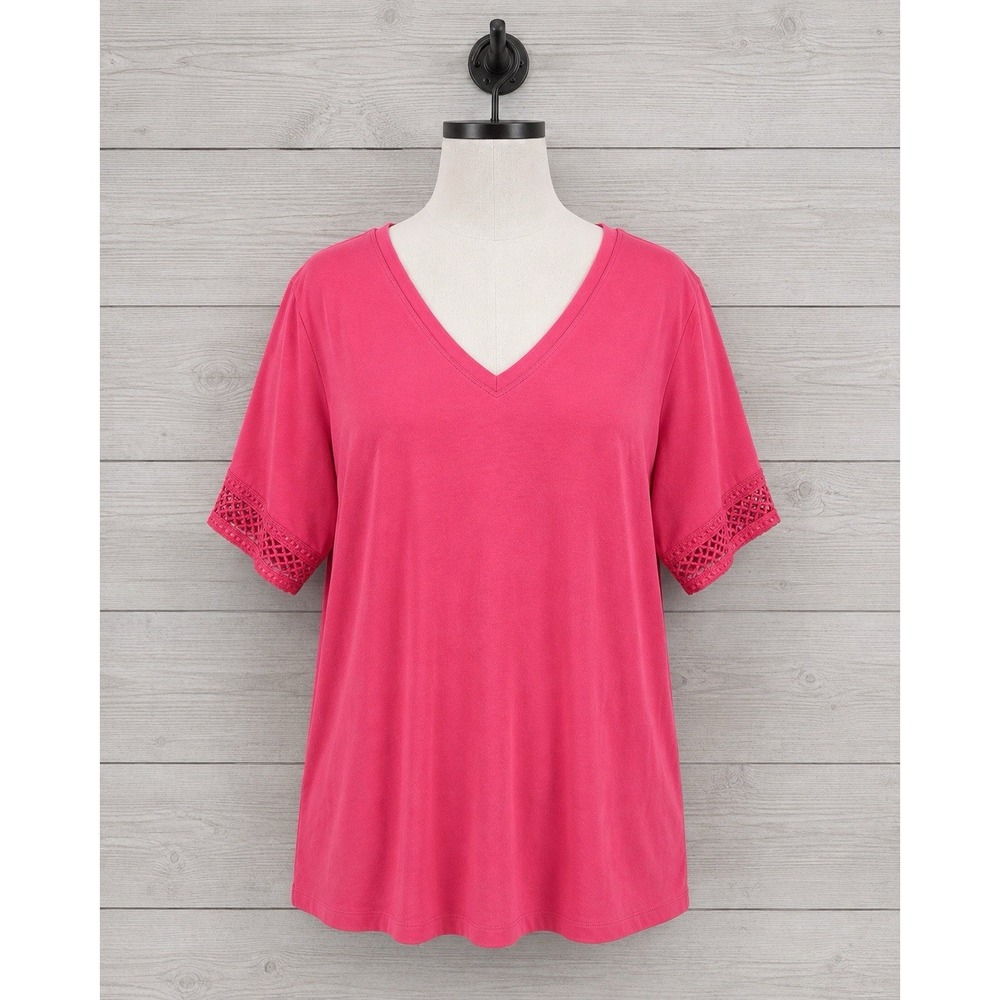 Susan Graver Weekend Cotton Modal Elbow Sleeve Top Crochet Trim 3X Pink A575895